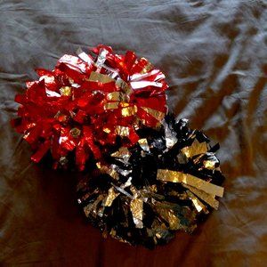 Varsity Poms (Set of two) - Red Black Silver - Cheer Dance Costume Dress Up Play